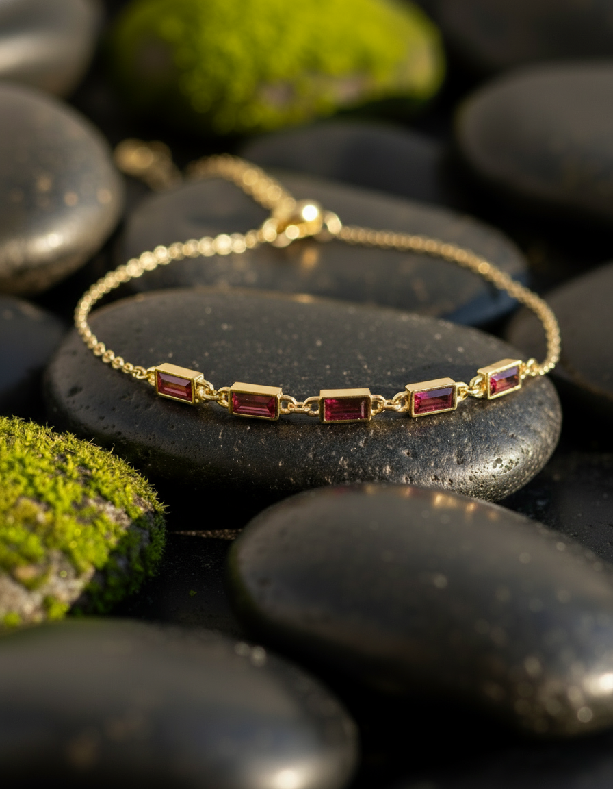 Gold bracelet with red gemstones on black stones