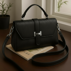 Black handbag with a strap on a wooden surface with a plant in the background